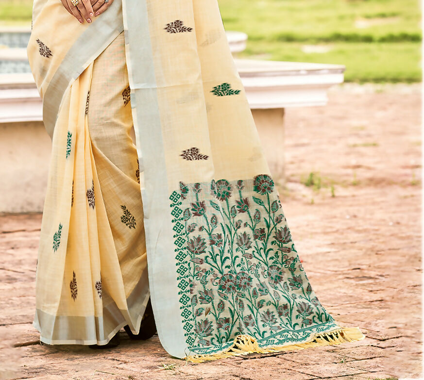 Sangam Prints Beige Linen Woven Work Traditional Saree | Grocsy