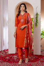 Teeya Creation Womens Orange Embroidered Kurta Pant Set | Grocsy