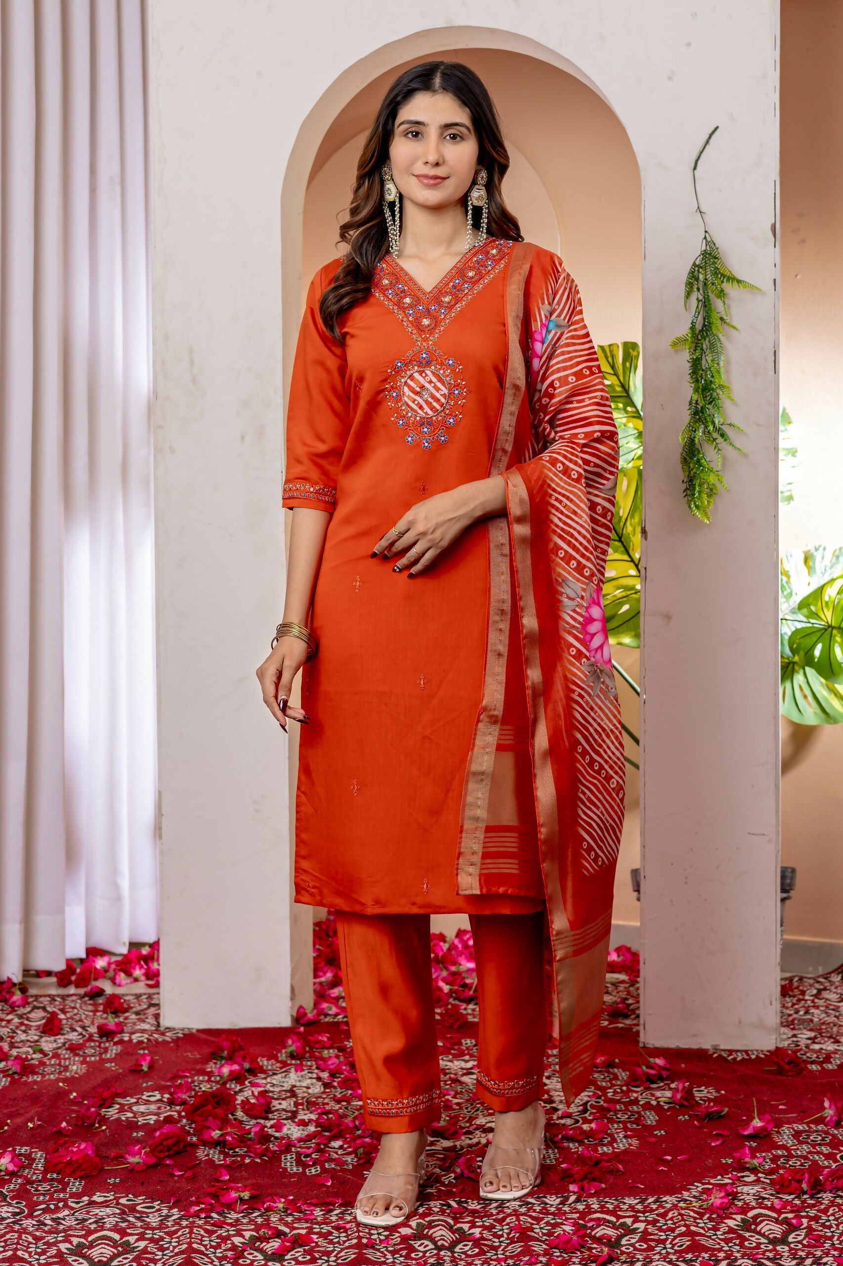 Teeya Creation Womens Orange Embroidered Kurta Pant Set | Grocsy