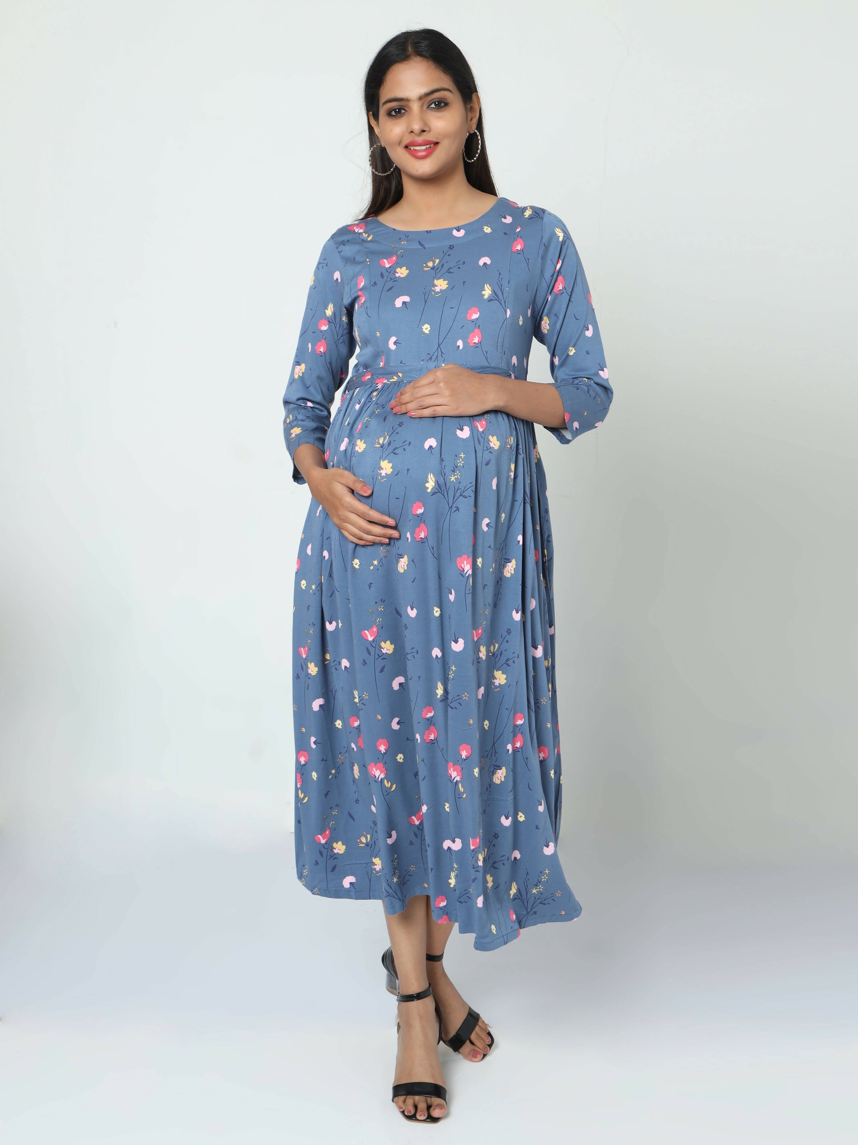 Manet Three Fourth Maternity Dress Floral Print With Concealed Zipper Nursing Access - Dark Grey | Grocsy