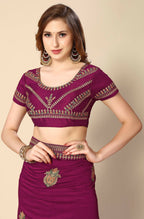 Wine Chinon Embroidered Saree with Unstitched Blouse Piece - Roozal | Grocsy