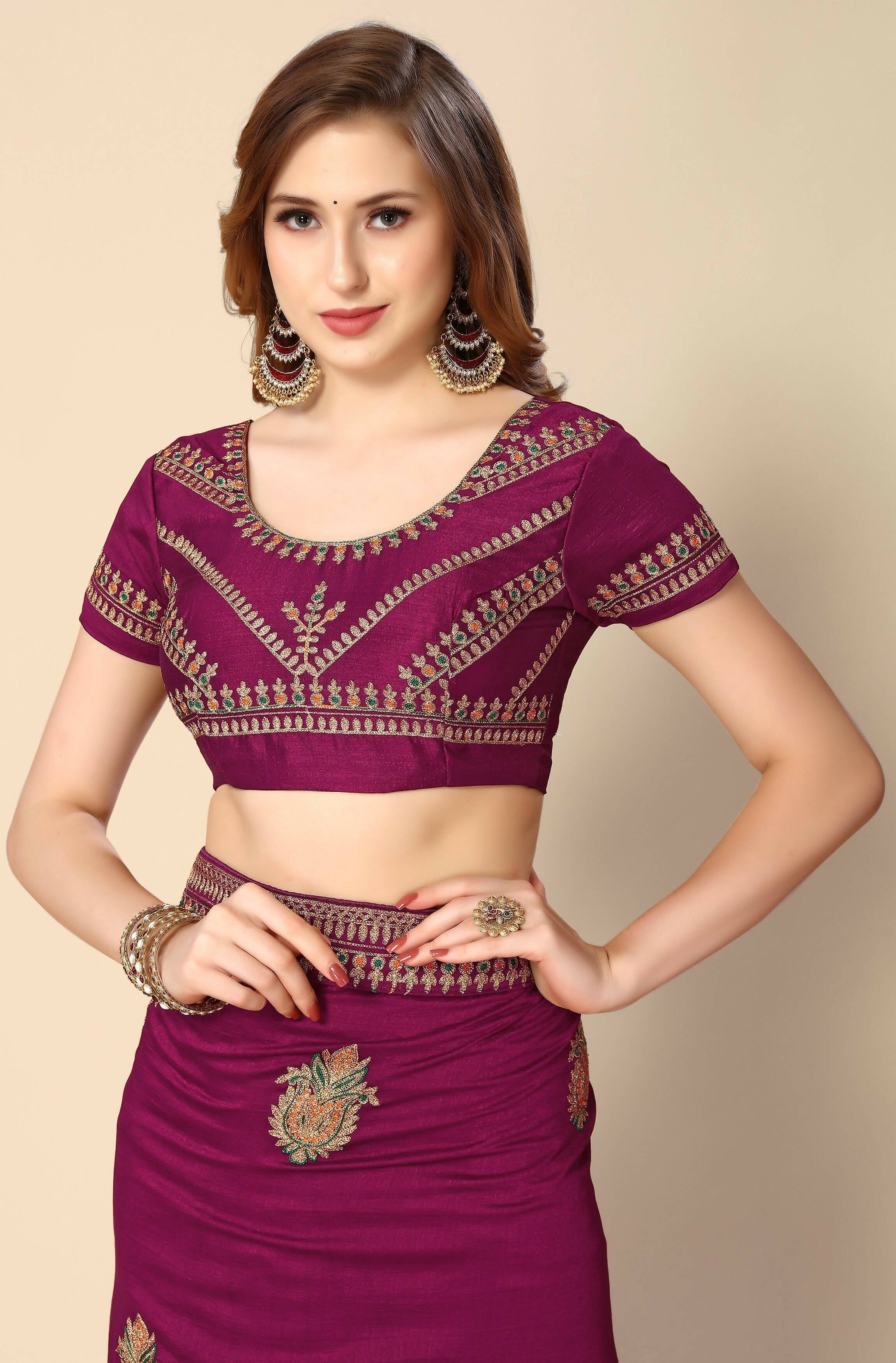 Wine Chinon Embroidered Saree with Unstitched Blouse Piece - Roozal | Grocsy