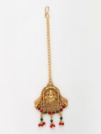 NVR Women's Set of 2 Gold-Polished Green & Red Stone Studded Lakshmi Design Temple Jewellery Set with Maangtikka | Grocsy