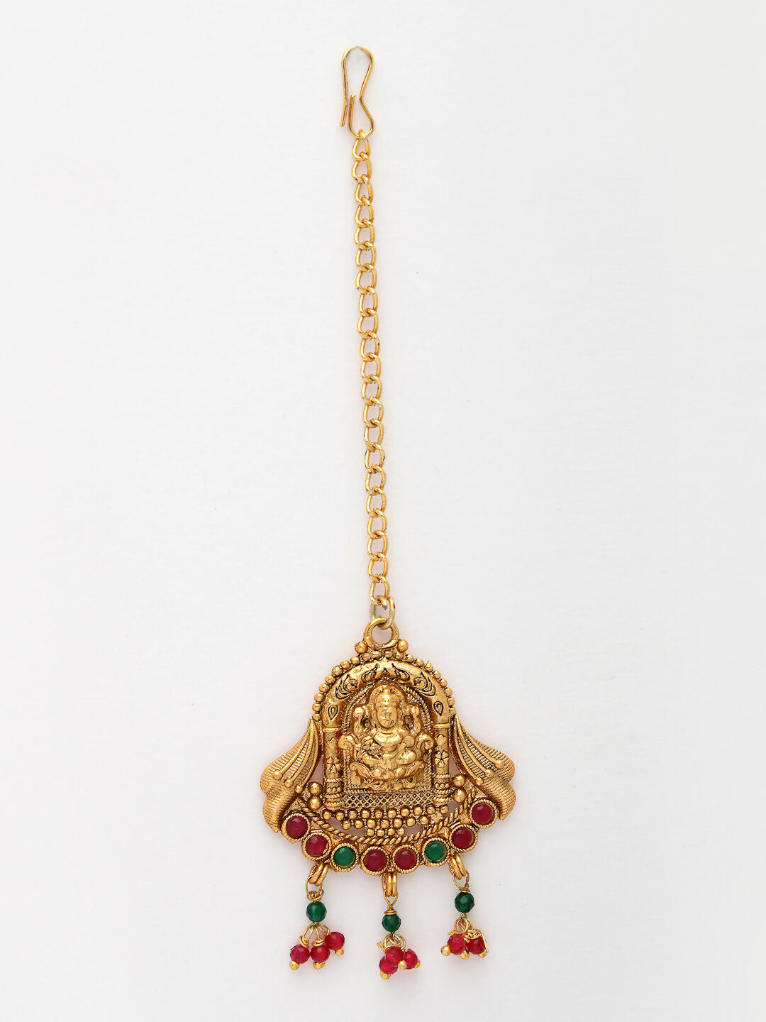 NVR Women's Set of 2 Gold-Polished Green & Red Stone Studded Lakshmi Design Temple Jewellery Set with Maangtikka | Grocsy