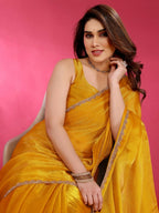 PR Fashion Yellow Jimmy Choo Fabric Palin With Work Lace Saree | Grocsy