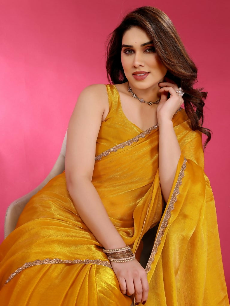 PR Fashion Yellow Jimmy Choo Fabric Palin With Work Lace Saree | Grocsy