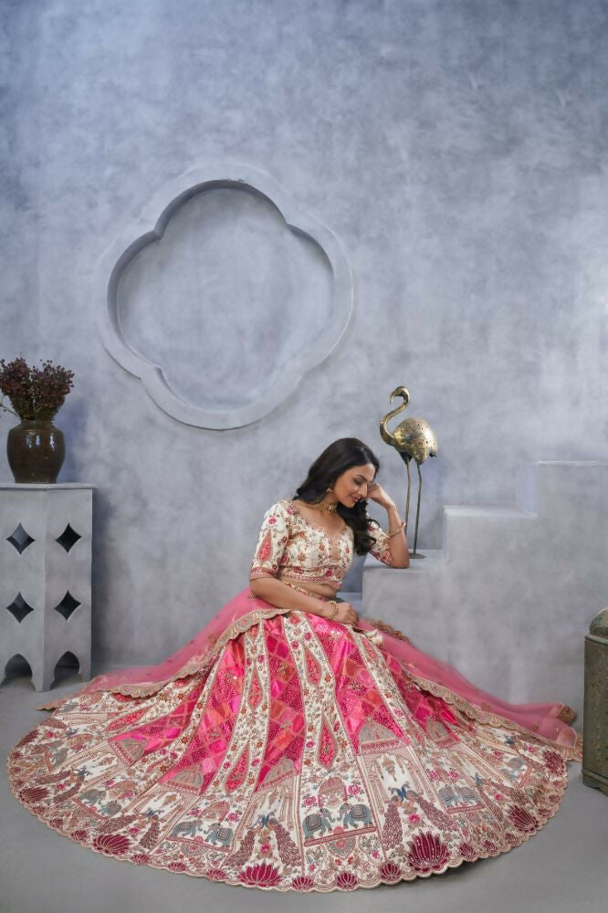 Kesar Fab Ivory Organza Embroidered Lehenga | Grocsy