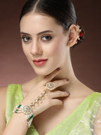 NVR Women's Green Gold-Polished Stone Studded Handcrafted Ring Bracelet | Grocsy
