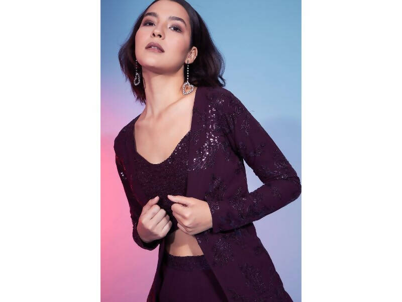 Maroon Georgette Sequence With Thread Designer Co-Ord Set - Flory | Grocsy