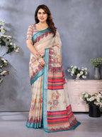PR Fashion Cream Handloom Linen Cotton Saree | Grocsy
