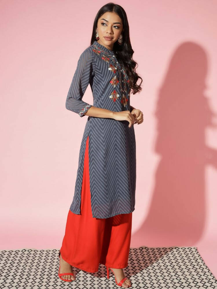 Myshka Women Grey Solid Georgette Straight V-Neck Kurtas | Grocsy
