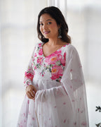 Lorenvalley Fashion Women Pure Soft Organza Silk Floral Print Fully Flair Anarkali With Pent Dupatta Set - White | Grocsy