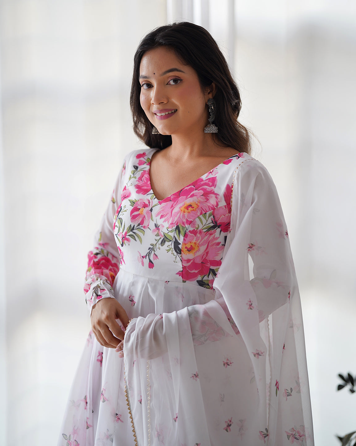 Lorenvalley Fashion Women Pure Soft Organza Silk Floral Print Fully Flair Anarkali With Pent Dupatta Set - White | Grocsy
