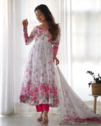 Lorenvalley Fashion Women Pure Soft Organza Silk Floral Print Fully Flair Anarkali With Pent Dupatta Set - White | Grocsy