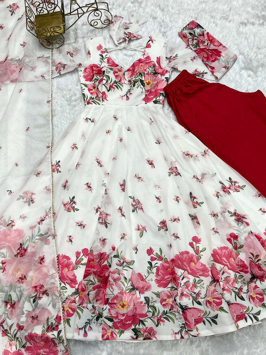 Lorenvalley Fashion Women Pure Soft Organza Silk Floral Print Fully Flair Anarkali With Pent Dupatta Set - White | Grocsy