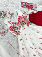 Lorenvalley Fashion Women Pure Soft Organza Silk Floral Print Fully Flair Anarkali With Pent Dupatta Set - White | Grocsy