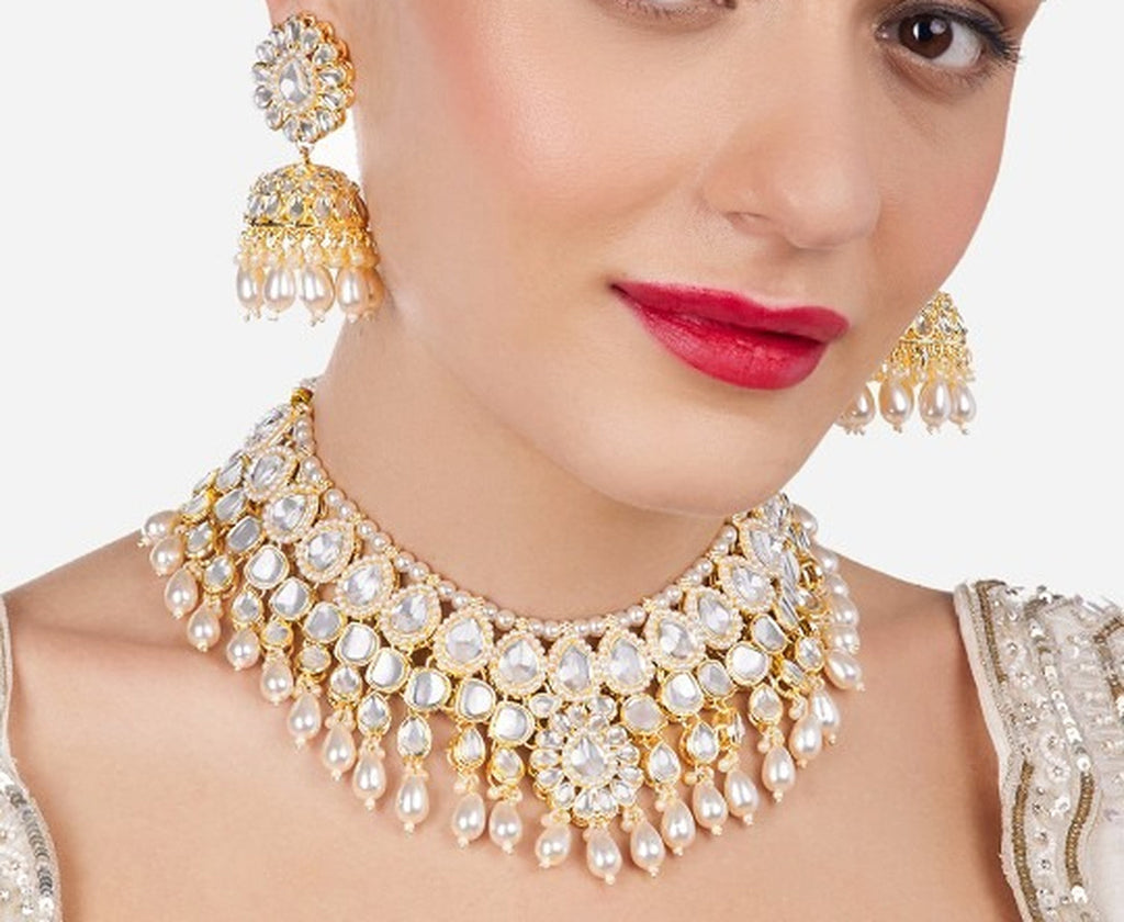 Jewel City Kundan Pearl Choker Necklace Set with Jhumka Earrings | Indian Bridal Jewelry for Women – Festive & Wedding Wear | Grocsy