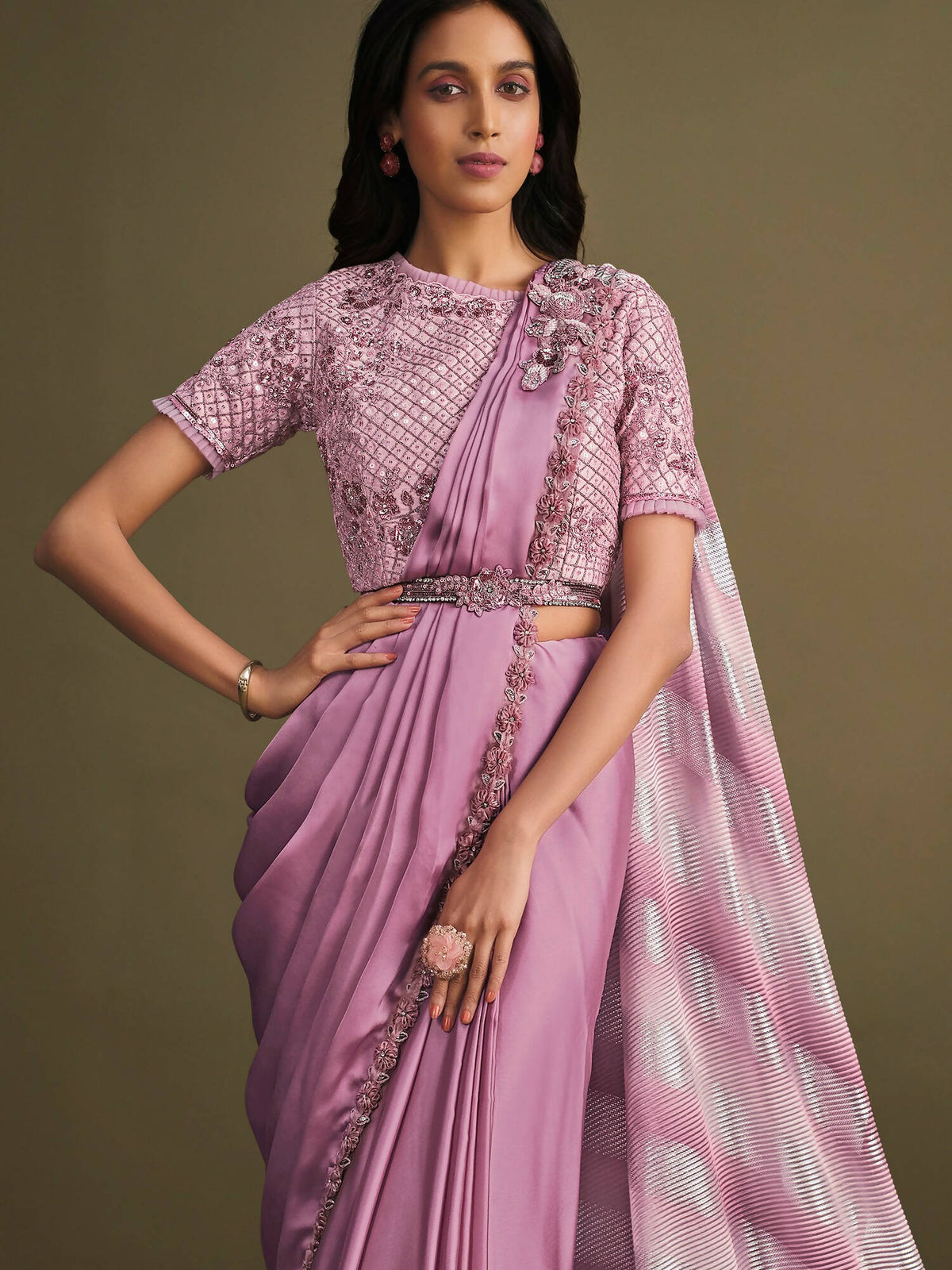 Light Purple Satin Silk Sequence Embroidered Saree With Stitched Blouse - Mohmanthan La Belle | Grocsy
