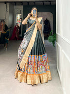 Vastranavya Kalamkari Print With Weaving Border Lehenga with Unstitched Blouse - Grey | Grocsy