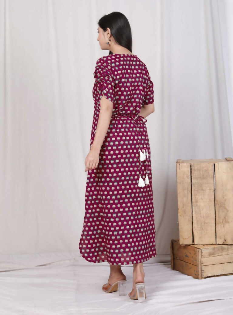Miravan Women's Relaxed Fit Red Floral Printed A-Line Pure Cotton Midi Dress | Grocsy