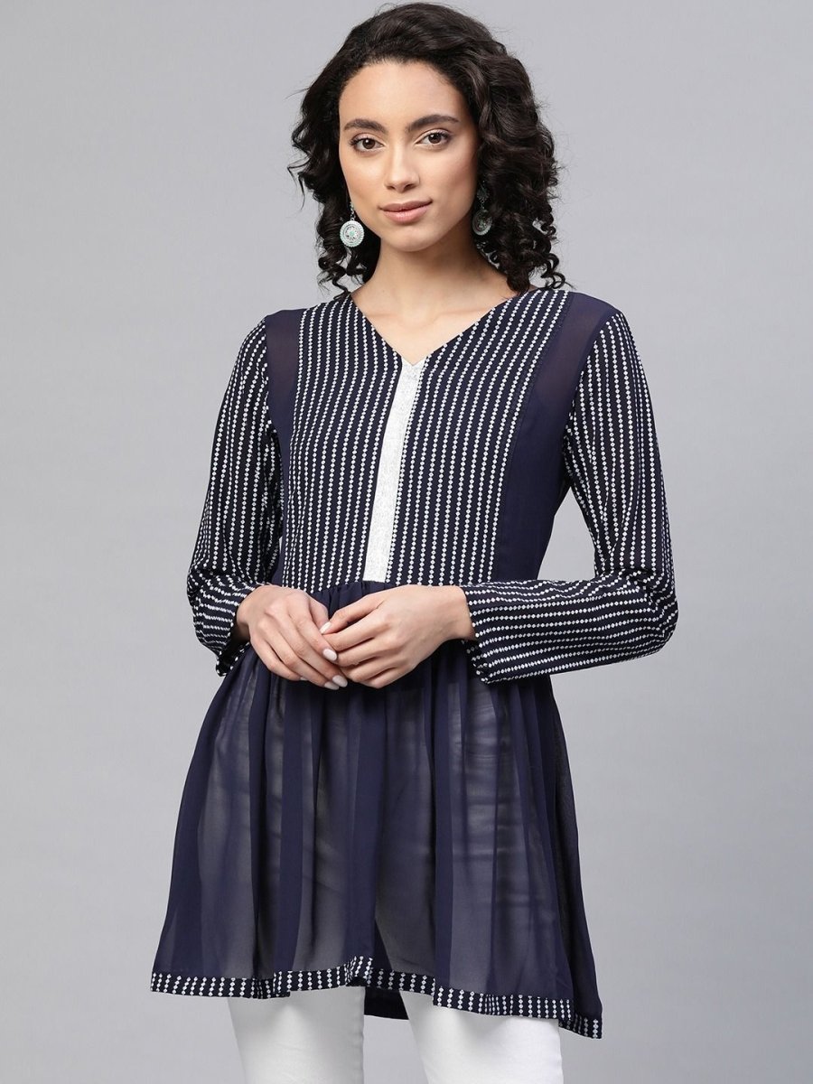 Ahalyaa Women Navy Blue Georgette Khari Print Tunic | Grocsy
