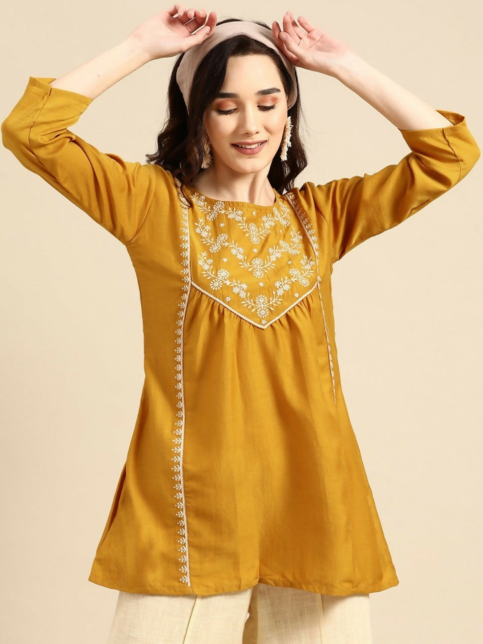 Women's Mustard Viscose blend Embroidered Short Top - Marina | Grocsy