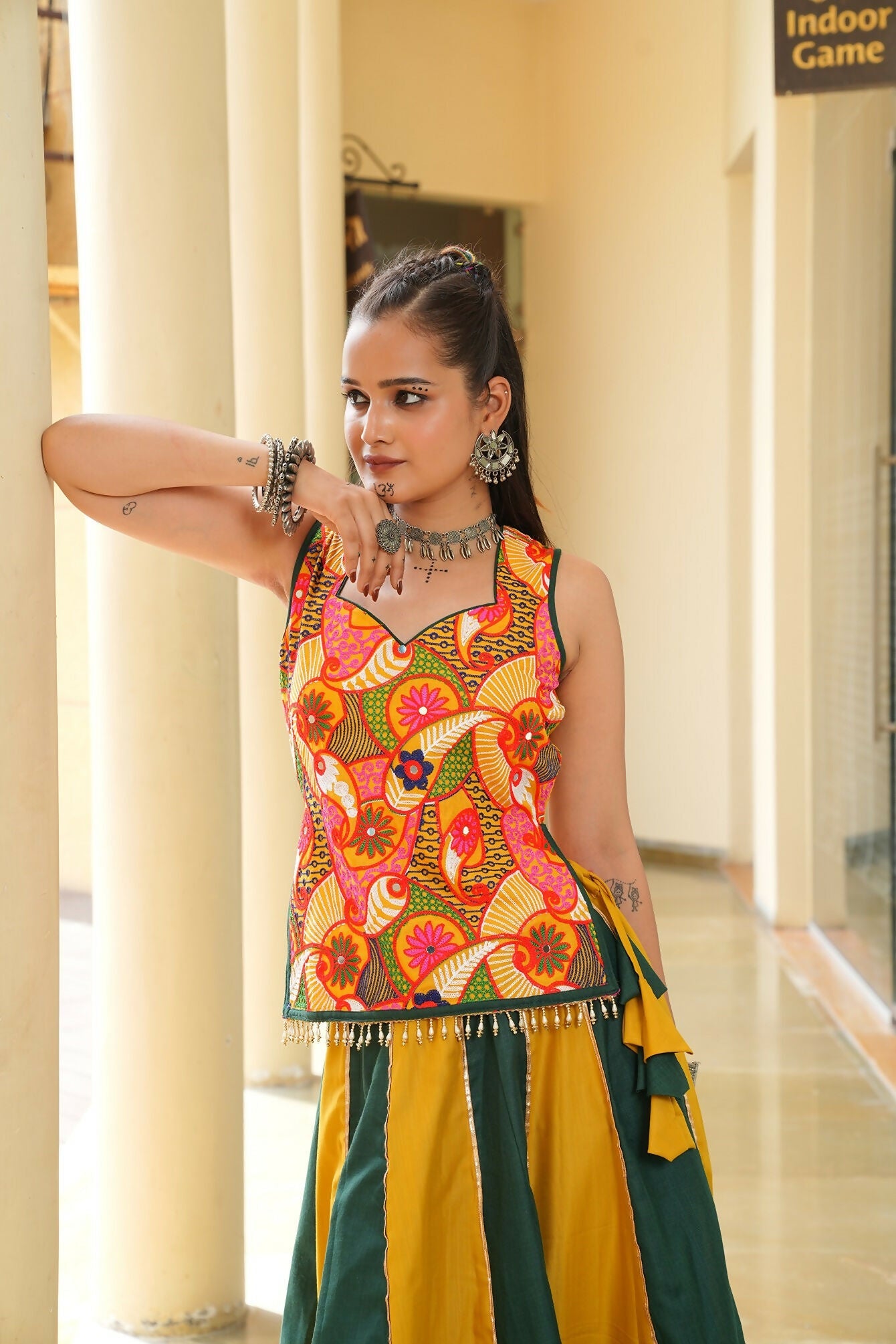 AI Fashion Mustard & Green Cotton Designer Navratri Wear Lehenga Choli Collection | Grocsy