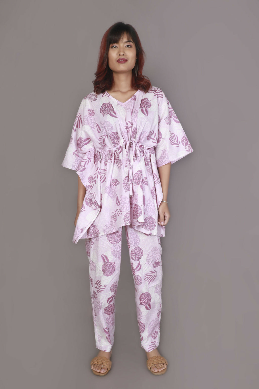 Breathables Women’S Loungewear Kaftan Cotton Pink Nature-Inspired Print Co-Ord Set | Grocsy
