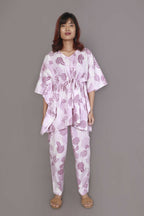 Breathables Women’S Loungewear Kaftan Cotton Pink Nature-Inspired Print Co-Ord Set | Grocsy