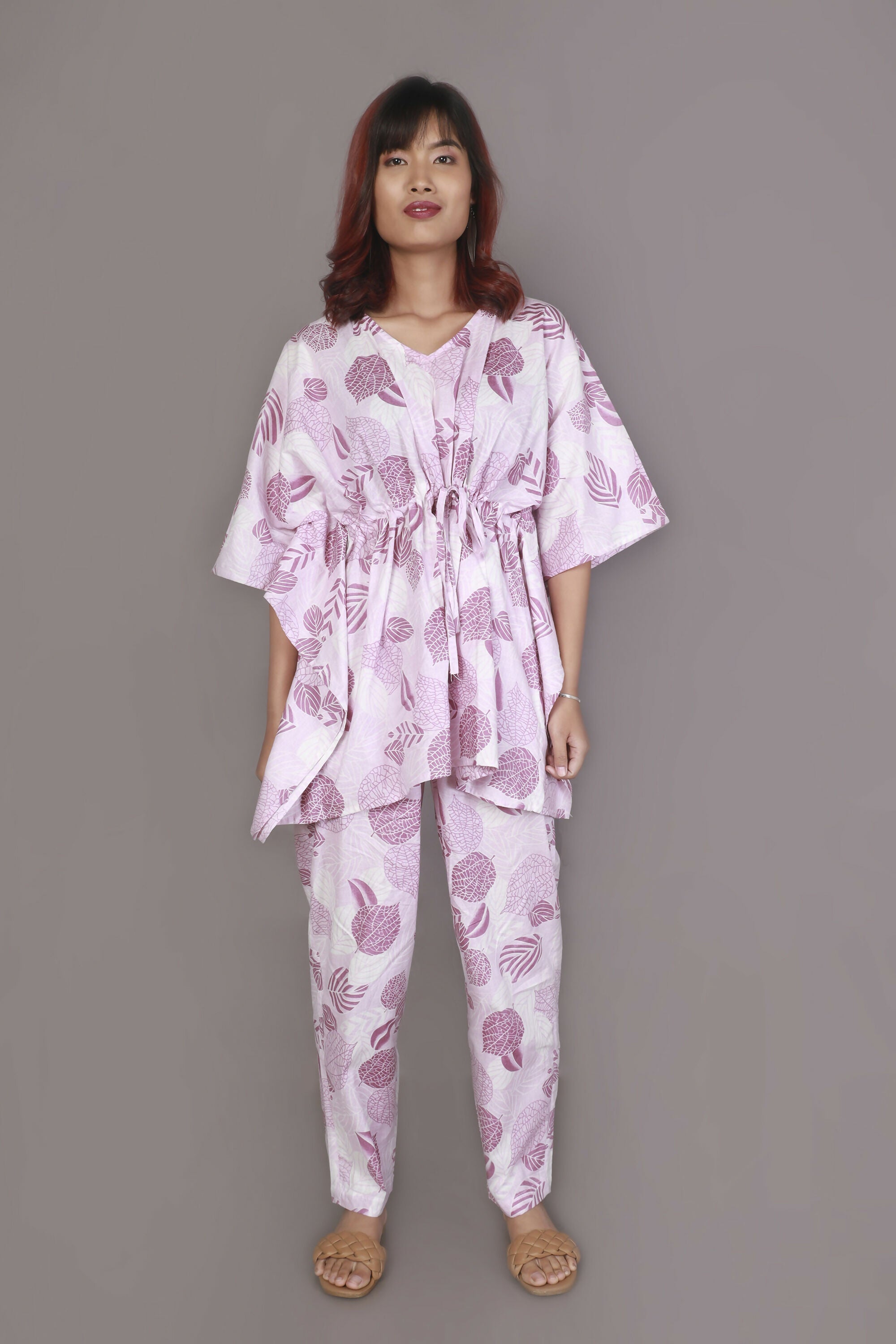 Breathables Women’S Loungewear Kaftan Cotton Pink Nature-Inspired Print Co-Ord Set | Grocsy