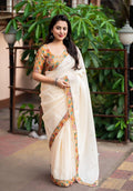 Yellow Pure Linen Ethnic Motifs Saree with Unstitched Blouse - A2M | Grocsy