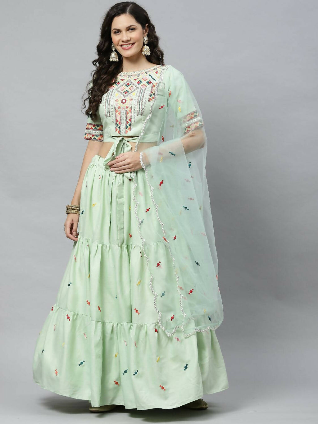 Pista Cotton Embroidered Work Lehenga Choli with Dupatta - Jivika | Grocsy