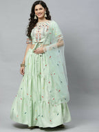 Pista Cotton Embroidered Work Lehenga Choli with Dupatta - Jivika | Grocsy