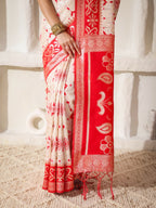 Shree Shyam Fashion Linen Cotton Red & White Saree | Grocsy