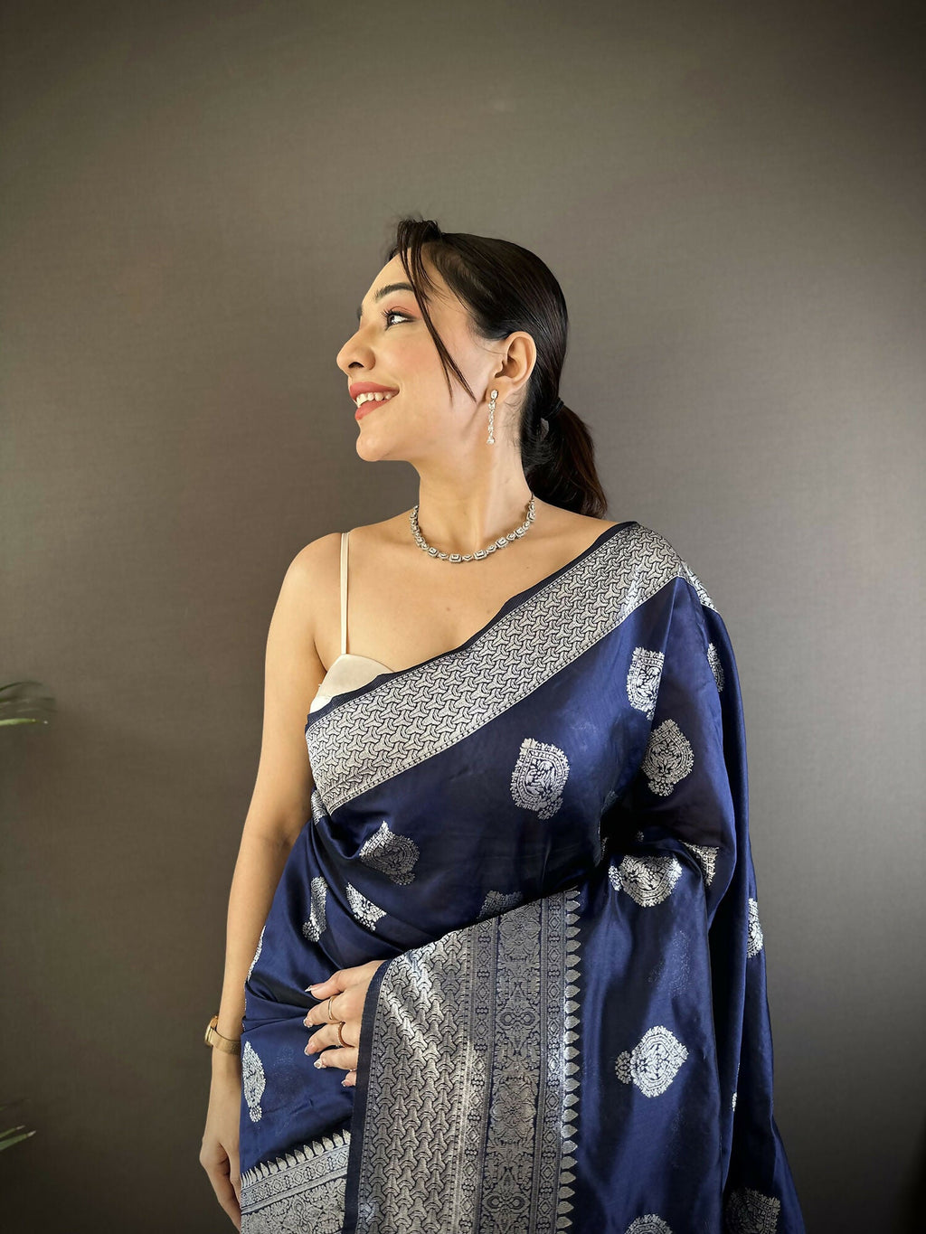 Joban Fashion Navy Blue Floral Motifs Soft Silk Banarasi Saree | Grocsy