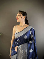 Joban Fashion Navy Blue Floral Motifs Soft Silk Banarasi Saree | Grocsy