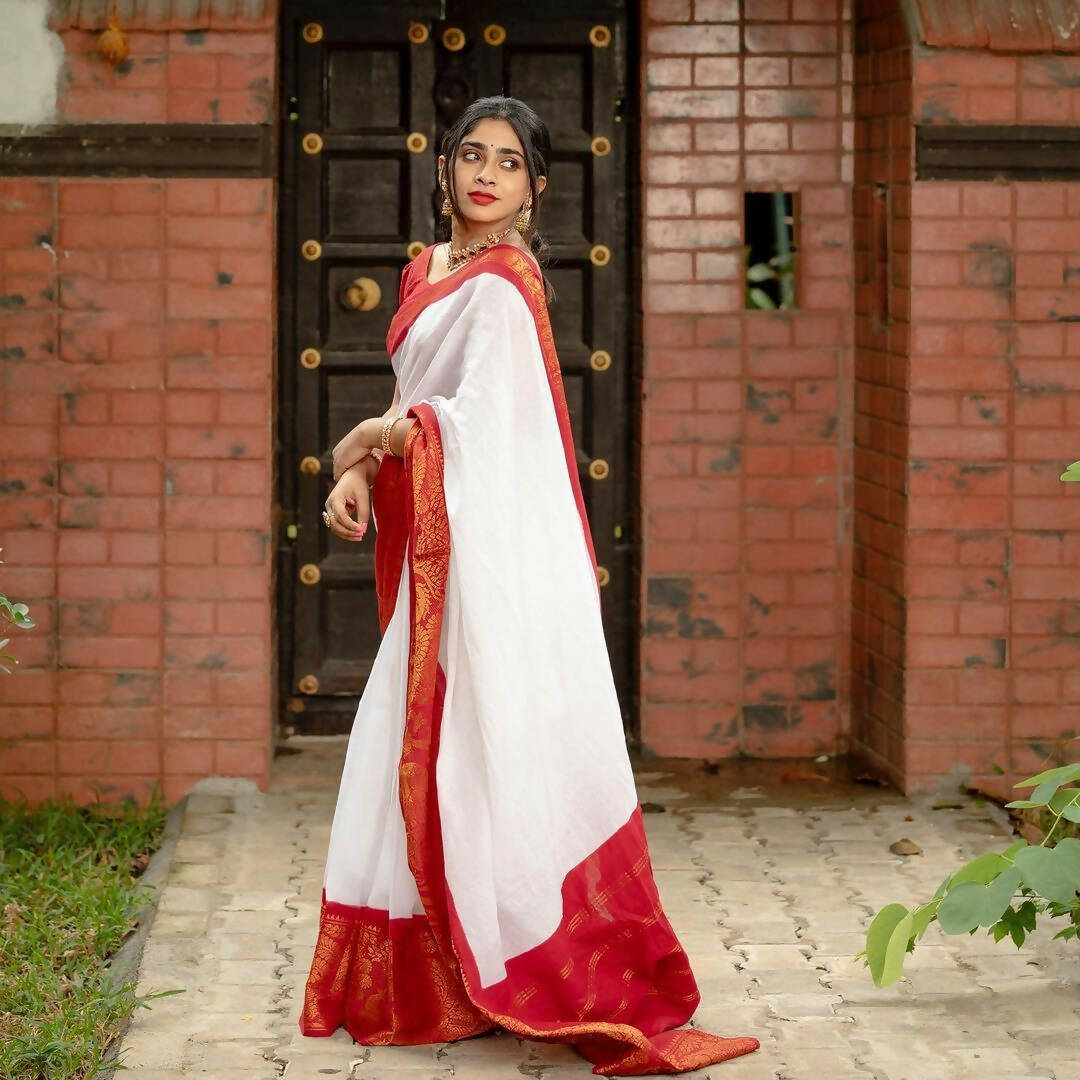 DEIANA'S Beautiful Designer Golden zari Soft Lichi Silk Saree - White | Grocsy