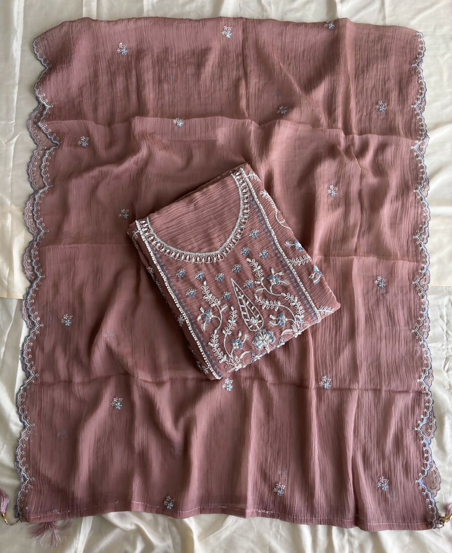 KC Beautiful Peach Chiffon Silk Hand Embroidery Suit For Women | Grocsy