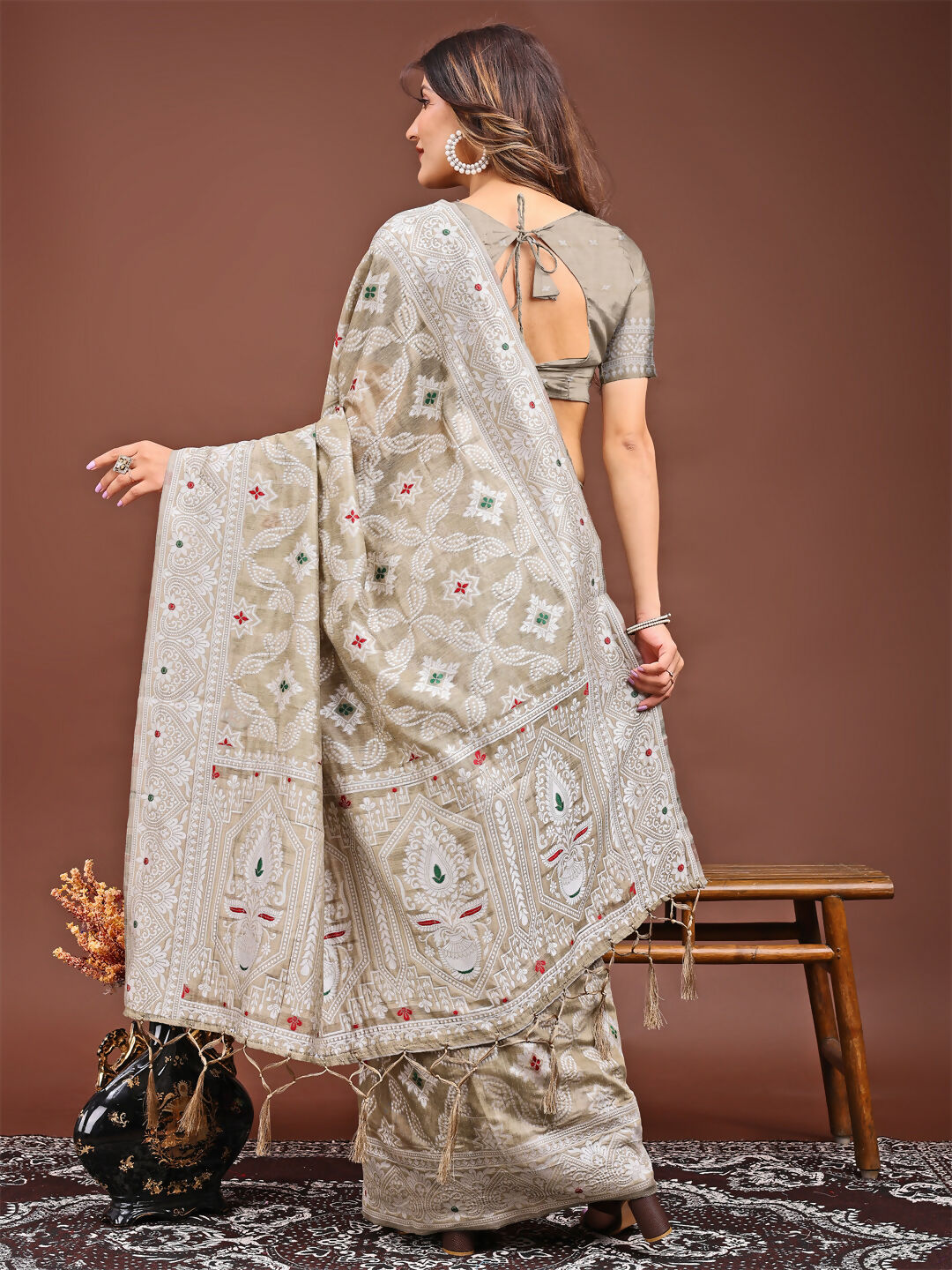 Shree Shyam Fashion Pankhuri Brown Linen Cotton Saree | Grocsy