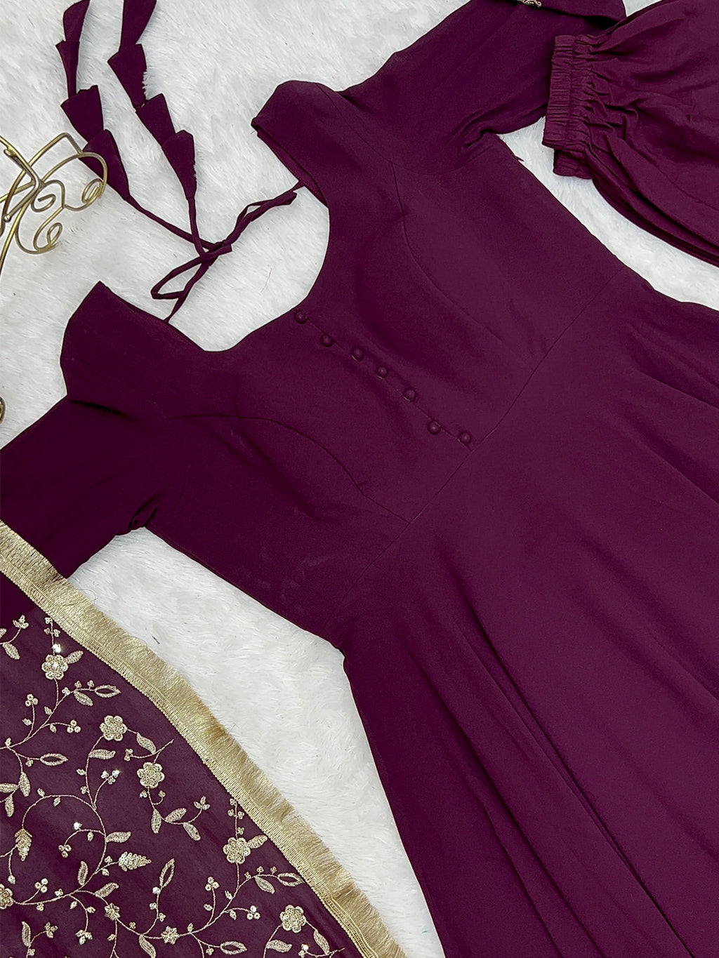 Lorenvalley Fashion Women Georgette Anarkali Gown Duppta Full Set With Pent Ready To Wear - Wine | Grocsy