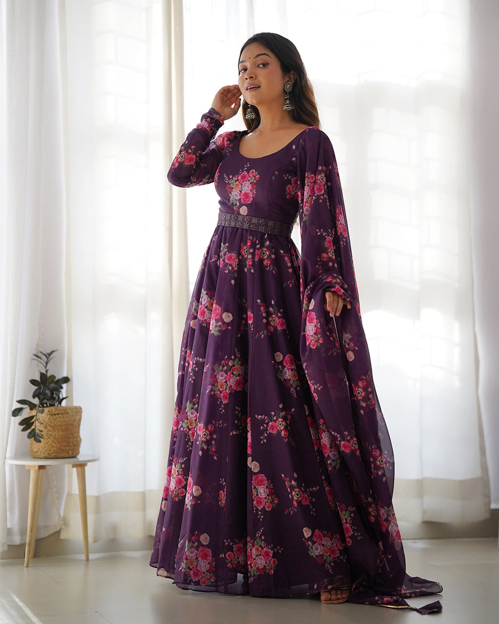 Lorenvalley Fashion Women Pure Soft Organza Silk Anarkali Kali Cut Gown With Pant Dupatta Set - Wine | Grocsy