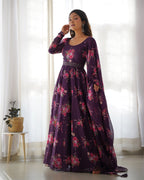 Lorenvalley Fashion Women Pure Soft Organza Silk Anarkali Kali Cut Gown With Pant Dupatta Set - Wine | Grocsy