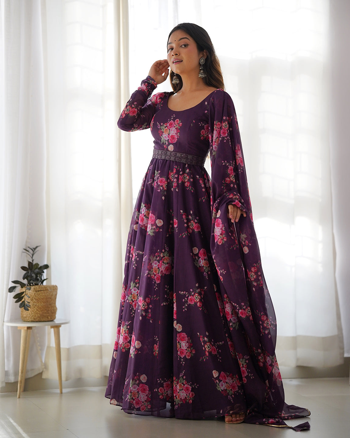 Lorenvalley Fashion Women Pure Soft Organza Silk Anarkali Kali Cut Gown With Pant Dupatta Set - Wine | Grocsy