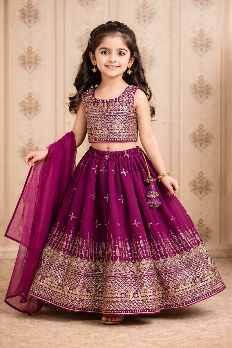 Evanik Purple Designer Georgette Embroidered Work Wedding Lehenga Choli For Kids | Grocsy