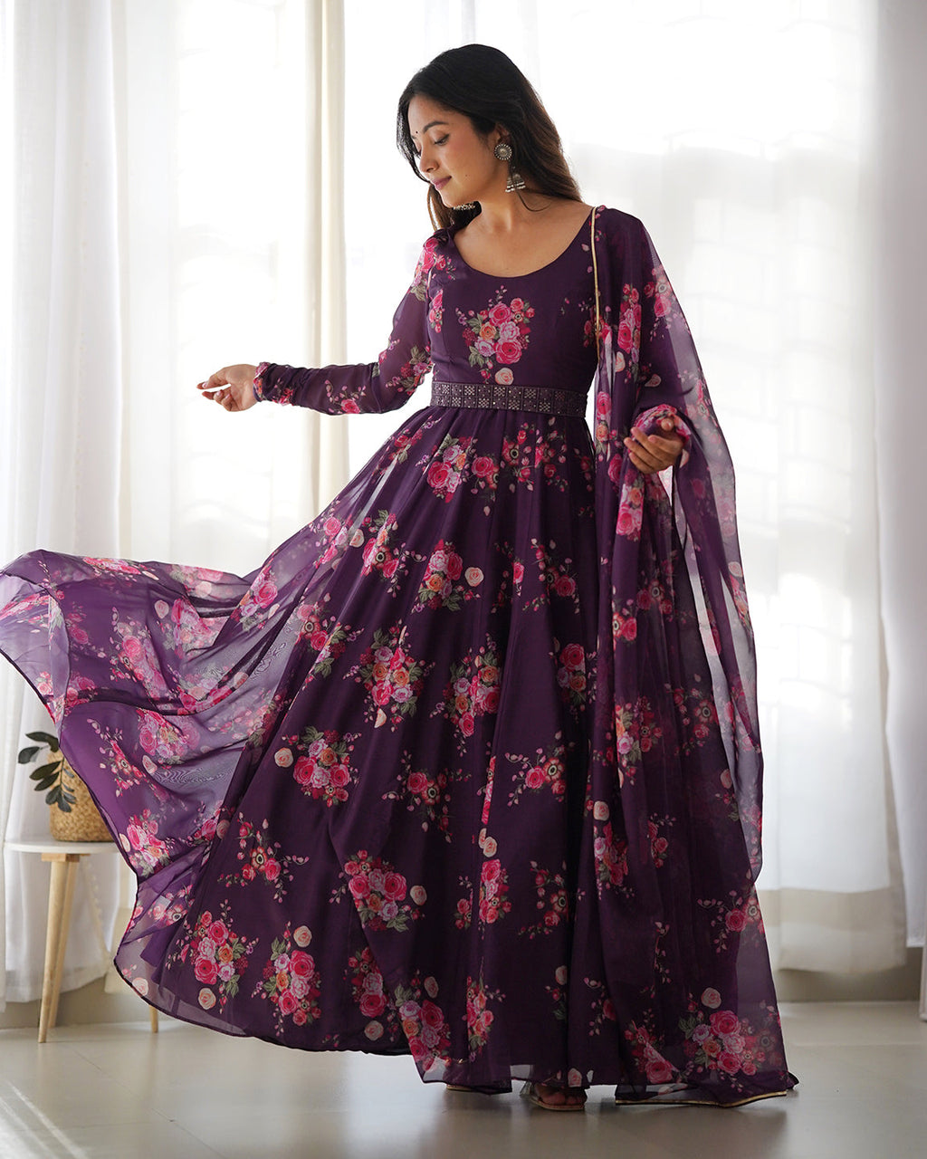 Lorenvalley Fashion Women Pure Soft Organza Silk Anarkali Kali Cut Gown With Pant Dupatta Set - Wine | Grocsy