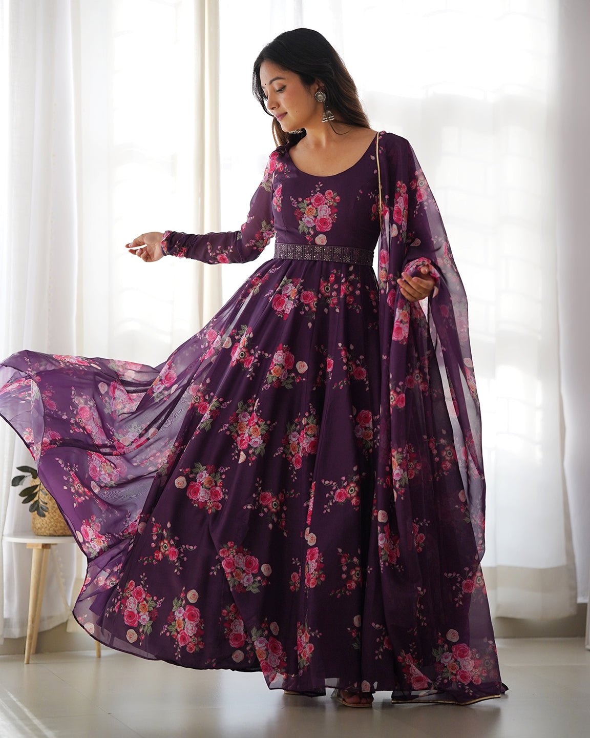 Lorenvalley Fashion Women Pure Soft Organza Silk Anarkali Kali Cut Gown With Pant Dupatta Set - Wine | Grocsy