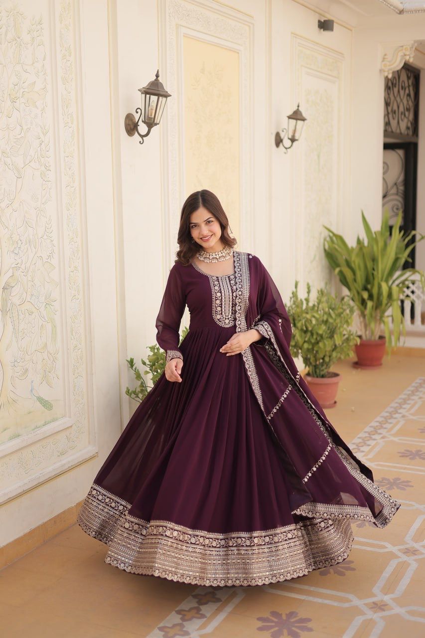 Evanik Wine Faux Blooming Gown with Dupatta With Attractive Embroidered Sequins work | Grocsy