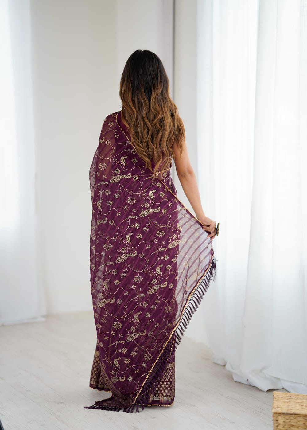 Lorenvalley Fashion Wine Solo Georgette Superb Finishing Foils Print & Fancy Zalar Lace in Border Saree with Blouse | Grocsy