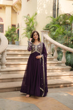 Evanik Wine Faux Blooming Gown With Dupatta With Sequins-Multi & Zari Embroidered Work | Grocsy