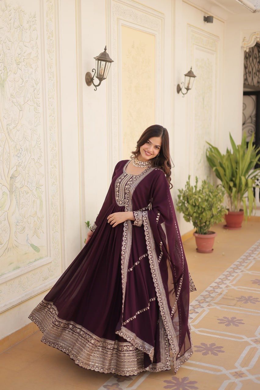 Evanik Wine Faux Blooming Gown with Dupatta With Attractive Embroidered Sequins work | Grocsy